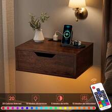 FABATO Buro Flotante para recamara - Mesa de Noche con luz LED - Mesa Lateral con estación de Carga y Puerto USB - Buros para Recamara Minimalista- Estante Flotante de Pared con Cajón 40x30x14cm - Nivel 1 - Ver 4