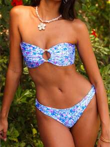 Women 2 Pieces Bikini Swimsuits Floral Print Padded Bra Strapless Tube Tops Thong Bottoms Beach Bathing Suit Set - Màu xanh lam - Xem 1