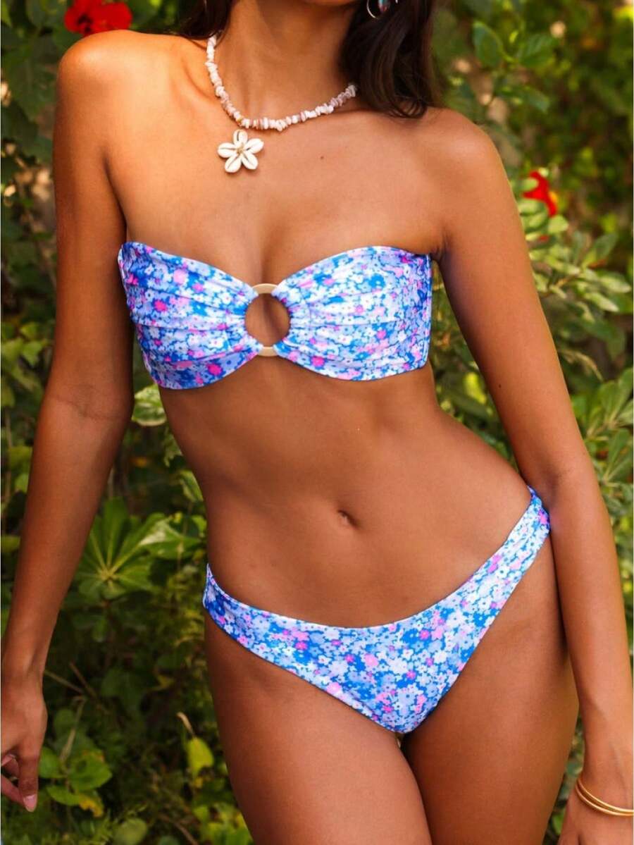 Women 2 Pieces Bikini Swimsuits Floral Print Padded Bra Strapless Tube Tops Thong Bottoms Beach Bathing Suit Set - Màu xanh lam - Xem 1
