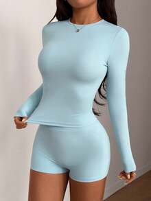 2pcs Women's Sexy Light Blue Long Sleeve Crew Neck Top And Shorts Set, Made Of Medium Stretch Fabric - Blue - View 5