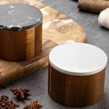 1pc Wooden Salt Cellar With Spoon, Kitchen Marble Lid Seasoning Box, Moisture-Proof Spice Storage Container - Multicolor - View 6