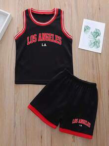Young Boy Casual Letter Print Tank Top And Shorts Set, Summer - Black - View 1