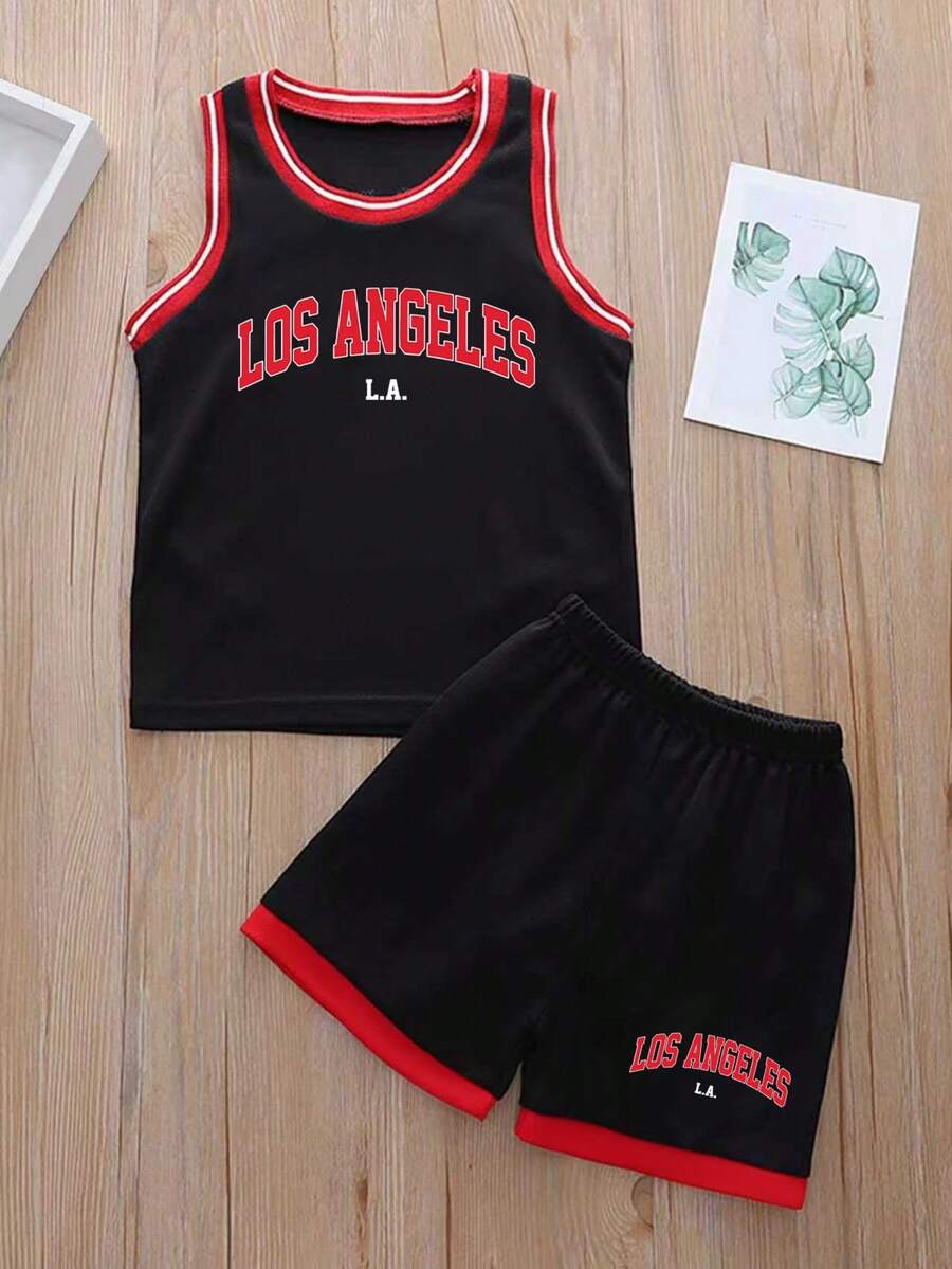 Young Boy Casual Letter Print Tank Top And Shorts Set, Summer - Black - View 1