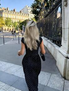 轻盈无弹力全印花拼接休闲派对优雅宽松连衣裙，适合假日和各种场合。 - 黑色 - 查看 2