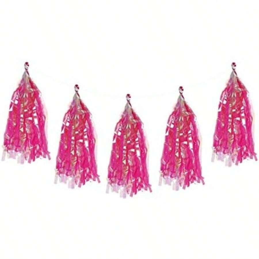 Mylin ía con 5 Borlas de Papel Iris. Para Decorar Fiestas, Mesas de Dulces, Escenarios. Tamaño: 36cm Alto X 2.5m Largo. Color(Rosa) - Multicolor - Ver 1