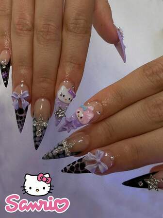  24 יחידות ציפורניים ארוכות מחודדות ציפורניים מלאכותיות HelloKitty סגול צרפתי תנין דוגמת Sanrio סגול קשת כסופה כוכב מחודד אמנות ציפורניים חמודה כרום סגסוגת אקריליק לחץ על ציפורניים ג'ל ציפורניים אמנות ציפורניים ציוד לאמנות ציפורניים סט ציפורניים (מצורף: חתיכת ג'ל ג'ל ופצירה) מתאים לנשים יומיומיות דייטים מסיבה