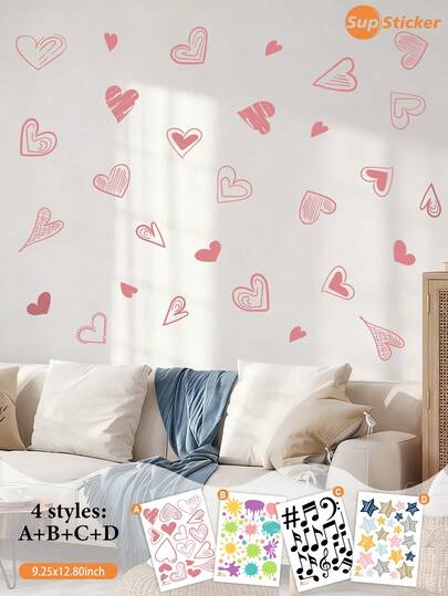 SUPSTICKER 1张粉色调可爱手绘风格墙贴，包含星星、爱心、音符等图案，乙烯基材质，自粘式，撕贴即贴，非常适合家居墙面装饰、梳妆台墙面、储物盒表面、床头板背景、桌面边缘以及DIY装饰。尺寸：9.25 x 12.79英寸