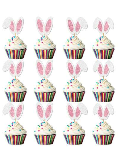 24pcs-Rabbit Ear Cake Topper, Rabbit Ear Easter Scallion Cake Topper, Easter Cupcake Toppers Decorations, Party Decoration, Rabbit Decoration, Easter Decoration