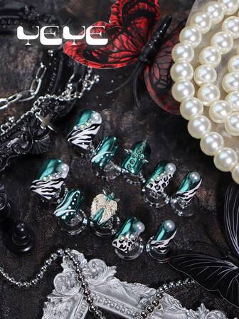 10pcs Square Metallic Nail Art Stickers Set, Includes French Side Stickers, Zebra Print, Leopard Print Nail Stickers, Bohemian Full Cover Fake Nails, Creative White Pearl Metal Wing Rivet Nail Stickers, Retro European Full Cover Acrylic Fake Nails, Suitable For Women And Girls, Comes With 1 Mini Nail File And 1 Nail Glue Sticker, Suitable For Party, Daily, Music Festival Nail Decoration