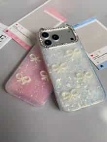 3D Pearl Bow Shell Pattern Rhinestone Cat Ear Protective Phone Case, Suitable For IPhone 17 15 16 14 13 12 Pro Max 14 15 16 Plus 11 17 15 13 16, Shock-Resistant Frame Back Cover - White - View 7