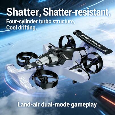 二合一多功能遥控无人机和汽车礼盒套装，一键起飞/降落，悬停模式，无头模式，360°空中翻转，汽车模式，轻质泡沫ABS材质，经久耐用，酷炫遥控飞机礼物，圣诞节、生日皆宜，科技时尚之选。
