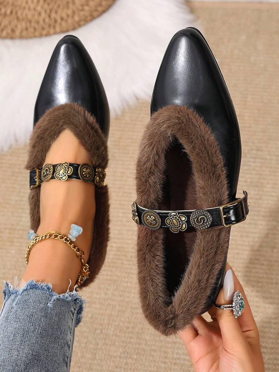 女士复古平底鞋,户外时尚尖头毛绒金属扣装饰平底鞋,冬季款,毛绒鞋,芭蕾平底鞋 - 黑色 - 查看 1
