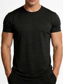 Men's Black Textured Crew Neck T-Shirt Slim Fit Casual Summer Basic Tee - Black - View 3