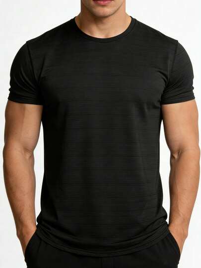 Camiseta deportiva de cuello redondo de manga corta casual para hombre Corelite, ajustada, de cuello redondo negro