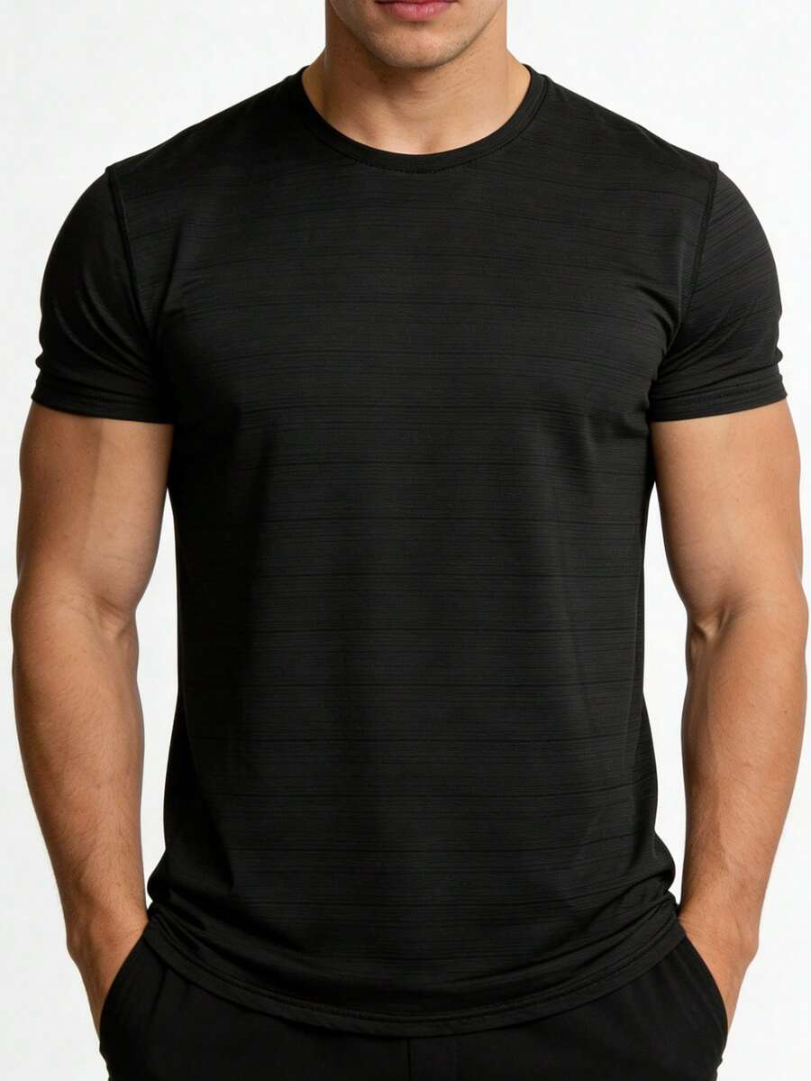 Men's Black Textured Crew Neck T-Shirt Slim Fit Casual Summer Basic Tee - Black - View 1