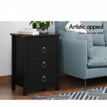 Bedside Table With 3 Drawers And Pull Ring Handles Nightstand Cabinet 50cm X 39cm X 68.5cm Wooden Storage Organiser Side Chest End Table For Hallway Bedroom And Living Room Black - 3DPTHDRIHBlack - View 2