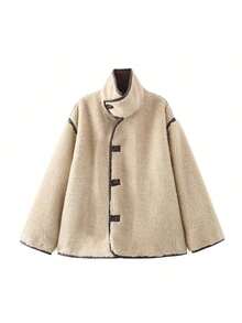 女士常规版型夹克，前襟纽扣设计，立领，优雅百搭，适合通勤和休闲穿着，秋冬季款 - 杏色 - 查看 5