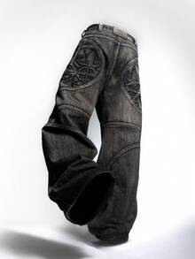 Vaqueros rectos lavados en negro y gris estilo retro para hombres y mujeres, pantalones anchos Y2K de estilo deconstruido con cruz - Negro y gris - Ver 1