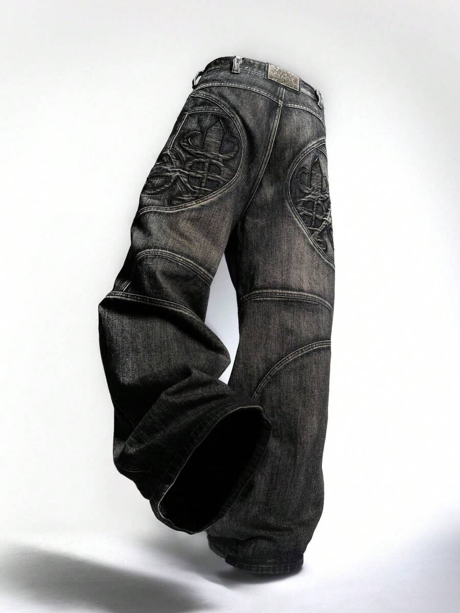 Vaqueros rectos lavados en negro y gris estilo retro para hombres y mujeres, pantalones anchos Y2K de estilo deconstruido con cruz - Negro y gris - Ver 1