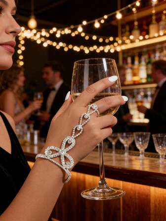 1 pieza Set de brazalete y anillo de cristal de lujo decorativo, adecuado para baile, cita, fiesta, boda, uso de novia, brazalete de cristal hueco con anillo, para uso diario, accesorio de mano para fiestas y banquetes, joyería de boda y novia, regalo ideal