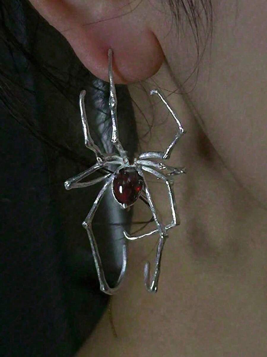 1pc Silver-Color Ruby Spider Ear Cuff, Gothic Style Pierced Ear Clip Vintage Earrings, Halloween Party Accessory - Silver - View 1