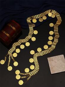 1pc Vintage Fashionable Women's Robe Belt, 1.5m Long Multi-Layer Floral & Turkish Coin Pendant, Versatile As Necklace Or Body Chain For Women, Suitable For Festivals And Parties