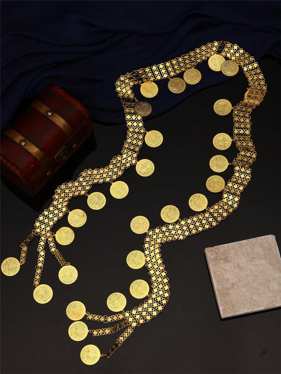 1pc Vintage Fashionable Women's Robe Belt, 1.5m Long Multi-Layer Floral & Turkish Coin Pendant, Versatile As Necklace Or Body Chain For Women, Suitable For Festivals And Parties