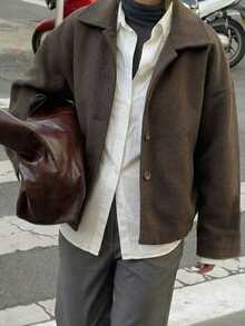 Buzzelle 女士时尚休闲法式单排扣短款宽松领羊毛大衣 - 咖啡棕 - 查看 7