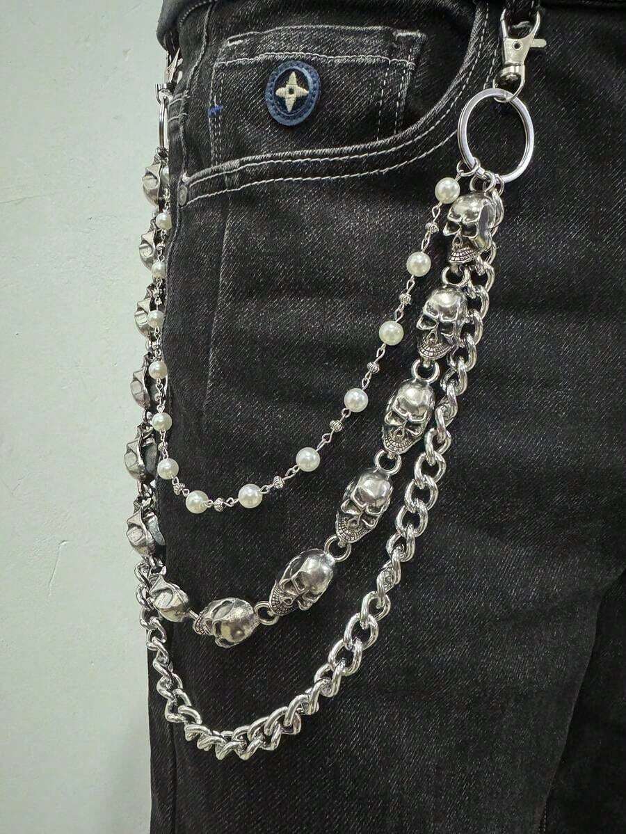 1 Piece Punk Hip-Hop Style Multi-Layer Clothing Chain Skull Iron Chain Artificial Pearl Decoration Unique Men's Pants Chain Unisex Daily And Festival Wear Suitable For Various Festival Occasions Accessories Gift - 銀牌 2 - 查看 1