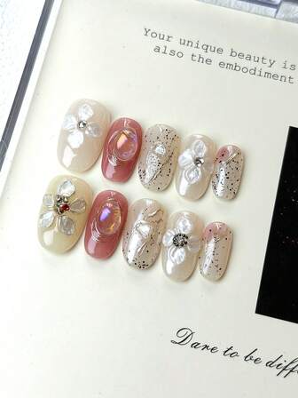 10pcs Medium Oval Nail Stickers, Nude Pink With Transparent Base, 3D Floral Decor (Rhinestone Accents), Pearlescent Gemstone Elements, Gold Lines And Shiny Design, Handmade, Reusable, Suitable For Women's Daily Wear Or Parties