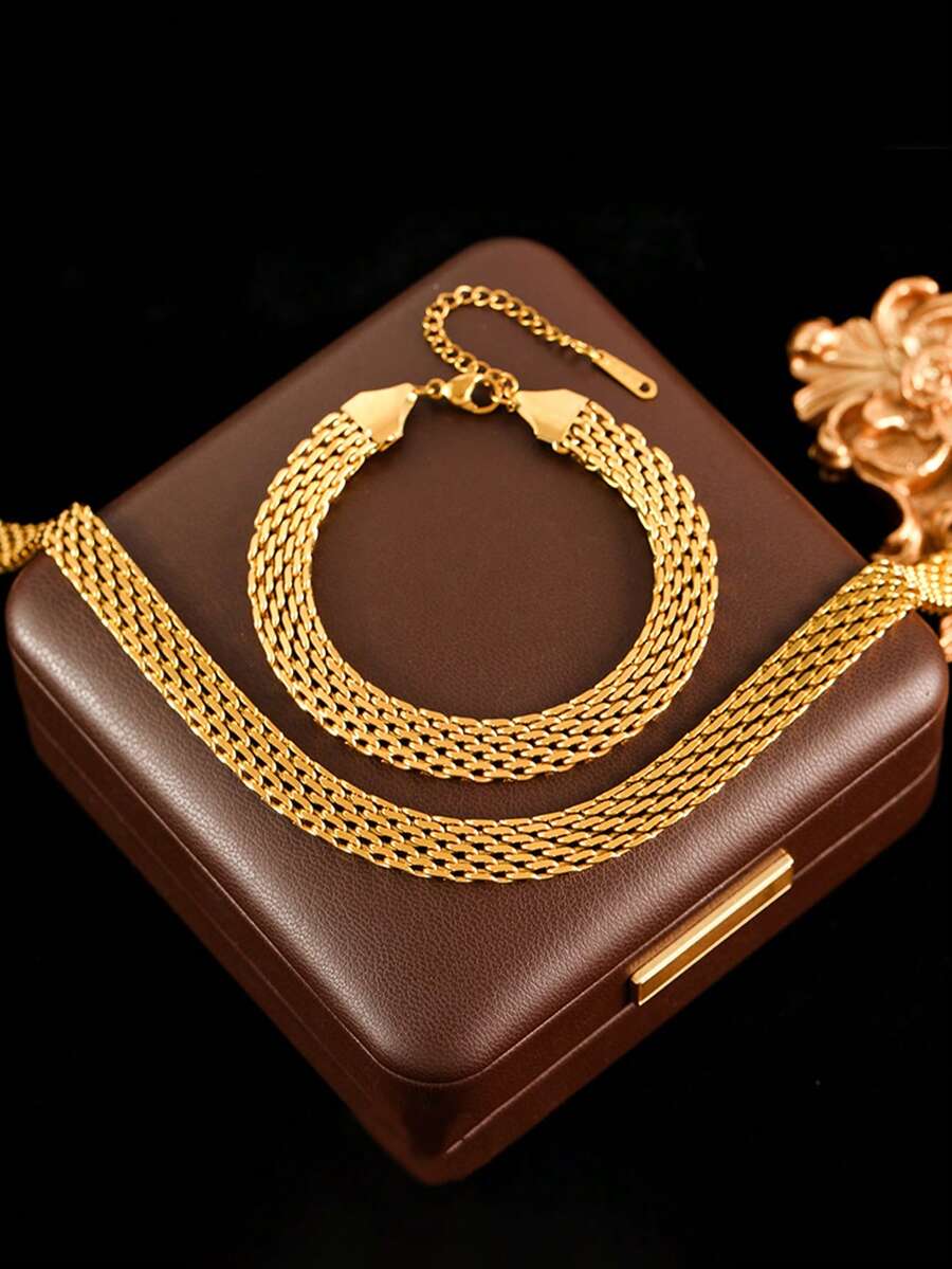 1 Set Stainless Steel Fashionable Versatile Gold Necklace + Bracelet Jewelry Set For Women, Suitable For Daily Wear And Gift - Yellow Gold - View 1