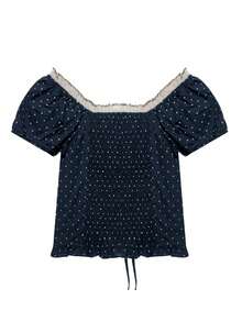 女士甜美泡泡袖波点蝴蝶结撞色蕾丝T恤