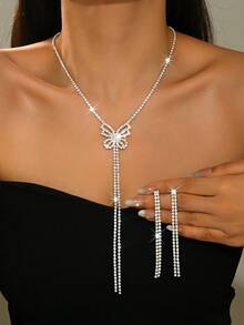 Elegant Long Tassel Jewelry Set, Lovely Bow Tie Necklace And Earrings, Suitable For Valentine's Day Wear And Gift, Party And Banquet Wear - Silver - View 3