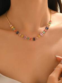 1 pieza Collar de piedras de circonita cúbica multicolor lujoso, collar elegante con circonita incrustada para mujeres, adecuado para uso en fiestas y días festivos, regalo del Día de San Valentín