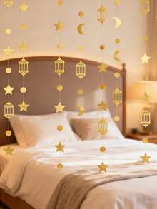 1pc 3 Meters Gold Star & Moon Garland Decor, Hanging Stars, Moons, Dots & Crescent String Lights And Ribbons, For Backdrop Banner, Suitable For Home Decor, Festivals, New Year Celebrations, Weddings And Birthday Parties - Multicolor - View 4