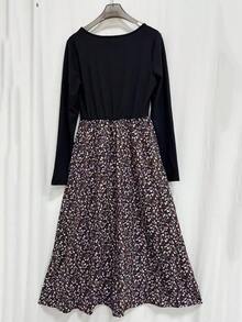 优雅女士长袖圆领中长连衣裙，印花修身A字版型，适合休闲度假穿着。 - 咖啡 - 查看 7