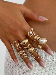11 Pcs/Set Punk Rings Set For Women Vintage Geometric Rings Set Fashion Personalized Jewelry Gifts Match With Daily Outfits, Party Accessories - Yellow Gold - View 4