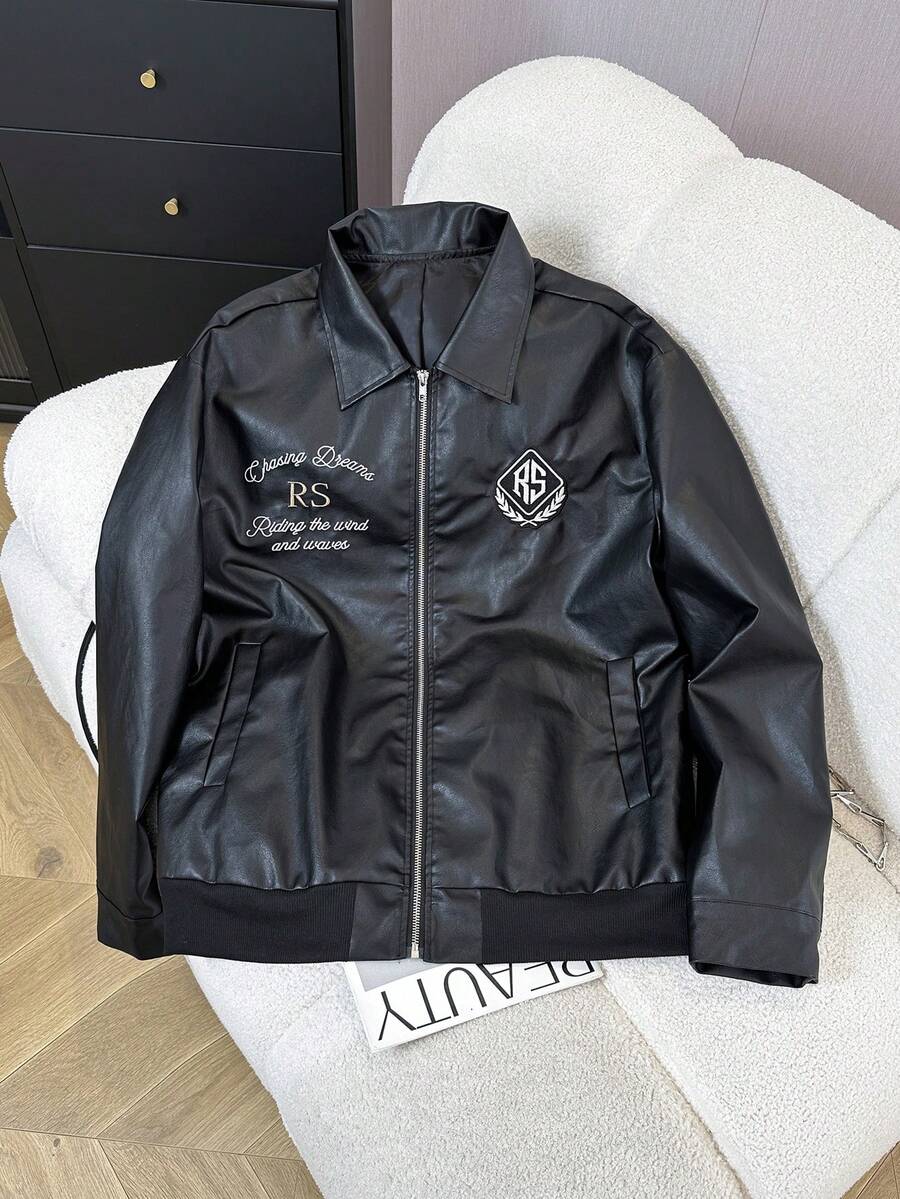 Rich Soon" Embroidered Leather Jacket, Retro American Style Lapel Zipper Jacket, Niche Design High Street Autumn/Winter Top - Black - View 1