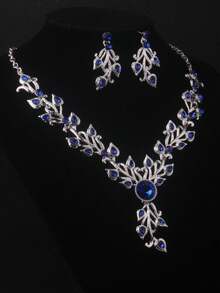 High End And Stylish New Necklace+Pair Of Earrings Set, Navy Blue, Red, Purple, Water Droplet Set, Bridal Accessories, Wedding Dress, Evening Party Accessories - 項鍊+耳環套裝 - 查看 3