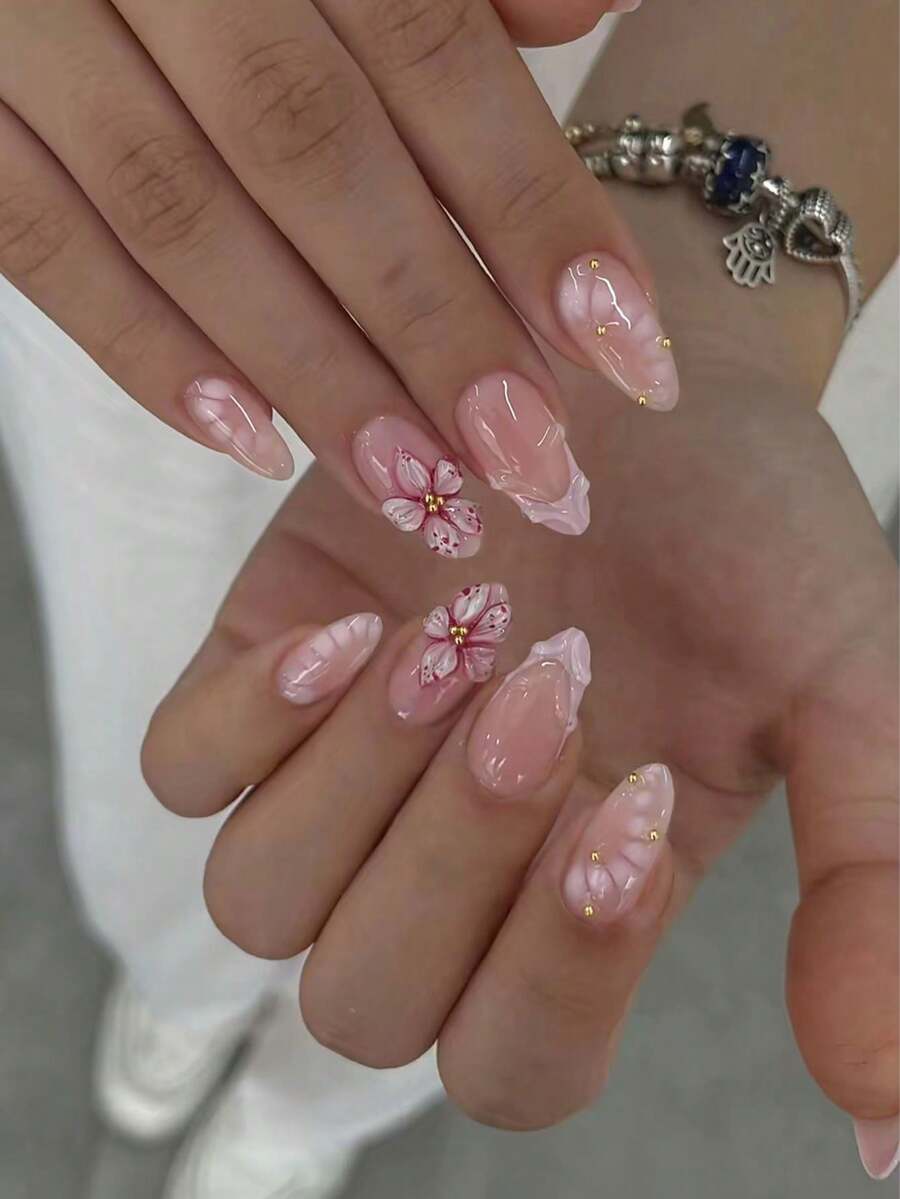 24片杏仁形3D凝胶美甲贴纸，花卉美甲设计，法式美甲贴纸，珍珠装饰，完美贴合亚克力美甲套装，包含：1片果冻凝胶和1个指甲锉，Bloominggelnails法式美甲，适合女性日常工作、节日、派对等场合。美甲用品 - 彩色 - 查看 1