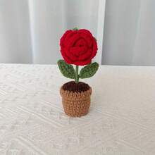 [Handmade Crochet Flower Pot] 1pc Handmade Crochet Artificial Tulip Flower Pot - Realistic Sunflower, Rose & Daisy Design, Vibrant Multicolor Fabric Tabletop Decor For Valentine's Day, Christmas, Easter, Thanksgiving, Halloween, , No Power Needed, Handcrafted Home Decor, Festive Table Accessory, Knit Flower Bouquet, Seasonal Decoration, Decorative Crochet Flowers, Natural Look Pot, Holiday Decoration, Durable Stitching, Holiday Decorators - Hoa hồng - đỏ - Xem 1