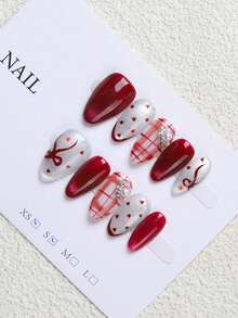 10件套可爱猫眼蝴蝶结美甲装饰套装，高端可爱风格，适合作为情人节或其他节日礼物，美甲用品，手工按压式美甲贴片 - 紅色 - 查看 4