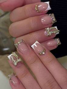 24 Pcs Rectangular Press-Type Nail Art Pieces, White French Nail Art, Diamond-Encruted Decoration, Elegant Coverage, Suitable For Women And Girls' Summer Nail Art, Daily Wear, Nail Art Products