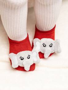 1 Pair Baby Infant New Year Red Series Socks, Cute Elephant & Bear Boat Socks, Mid-Calf Socks, Non-Slip Floor Socks, Soft Breathable Skin-Friendly, New Party Holiday Gathering - Red - View 14