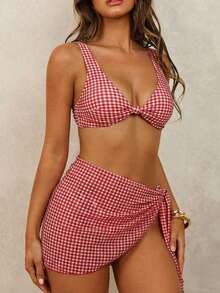 Conjunto de traje de baño a cuadros de dos tonos con cierre en la espalda, adecuado para vacaciones en la playa - Multicolor - Ver 1