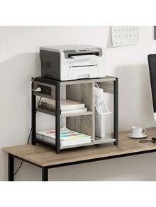 Soporte de impresora de escritorio con estación de carga, Mesa de impresora industrial con 3 estantes de almacenamiento, Carrito de impresora pesada móvil con ruedas bloqueables para almacenamiento de papel, Oficina en casa - Gris - Ver 4