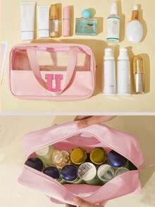 1pc Multi-Functional PVC Toiletry Bag, Transparent PVC Cosmetic Bag, Large Capacity Makeup Bag, DIY Letter Design Makeup Bag, Waterproof Travel Organizer Bag, Minimalist Letter Patch Travel Cosmetic Bag, Suitable For Cosmetics, Perfume, Beach, School, Bathroom, Festivals, Mother's Day, Christmas, Great Gift For Mom, Family, Friends - Multicolor - View 6