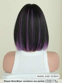 AKAKO 12英寸短款黑色刘海直发波波头假发，黑色混紫色挑染，全机织柔软耐热合成纤维，色彩缤纷的动漫角色扮演假发，适合日常佩戴、节日、音乐节、角色扮演派对等场合，打造前卫的Y2K和哥特街头风格。 - 挑染紫色 - 查看 3