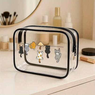 1/2/3件装时尚大容量旅行化妆品及洗漱用品收纳包，拉链封口 - 可爱猫咪设计，易于清洁，耐用PVC材质，适合女性收纳化妆品、护肤品及配件，旅行化妆包，趣味设计，透明收纳洗漱包，旅行洗漱包，洗漱包，淋浴包，透明化妆包，防水收纳袋，旅行必备，邮轮必备，度假必备