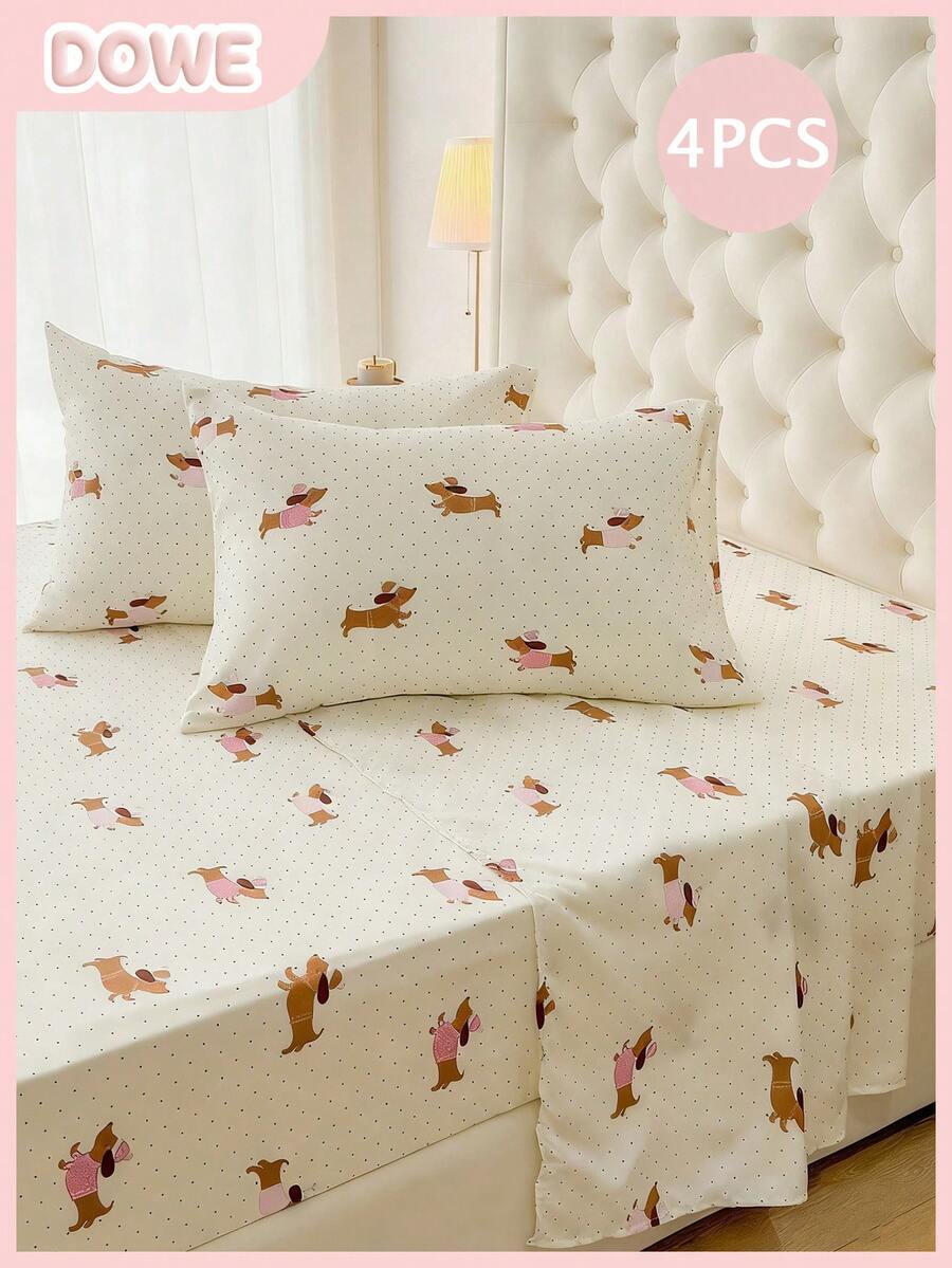 4pcs 100% Polyester Dog Print Bedding Set (2 Pillowcases + 1 Bed Sheet + 1 Fitted Sheet), Modern Polyester Bedding Set Suitable For All Seasons - Multicolor - View 1